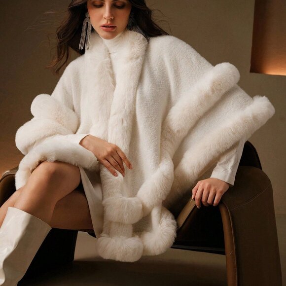 elegant Statement maker Women's faux fur trimmed knit Shawl - Picture 8 of 9